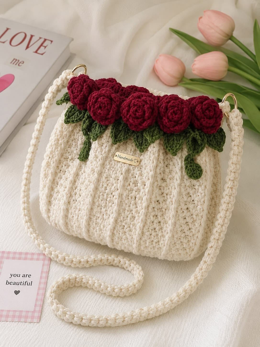 Rosebloom Crossbody Bag, hand-crocheted with rosebud trim